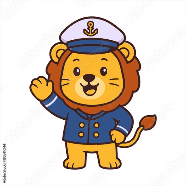 Fototapeta Cheerful cartoon lion in a captain's uniform waving hand, a playful flat vector logo illustration ideal for maritime businesses, animal-themed projects, or children's book designs