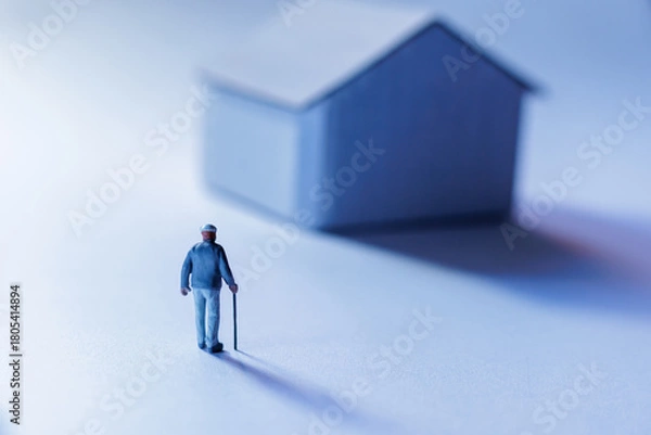 Obraz Elderly man figure with cane stands near small model house