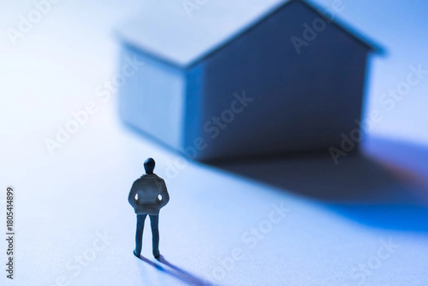 Obraz Miniature figure of person standing in front of a small house contemplating home and future possibilities