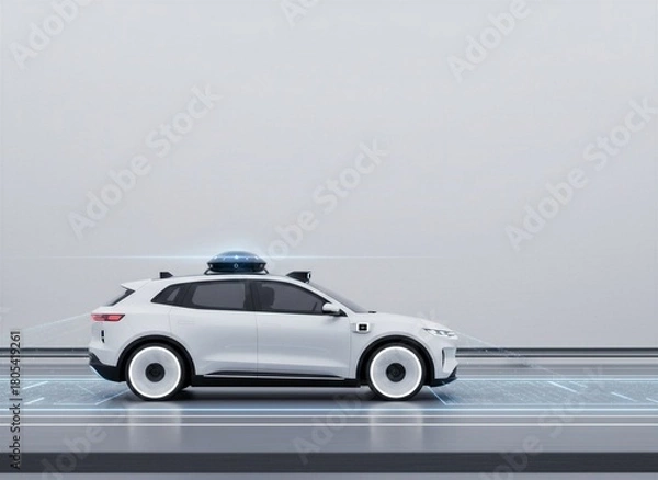 Obraz Modern white autonomous car with roof-mounted lidar sensor system on smart digital road
