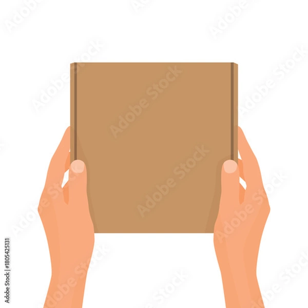 Fototapeta Hands holding cardboard box top view for packaging and delivery concept