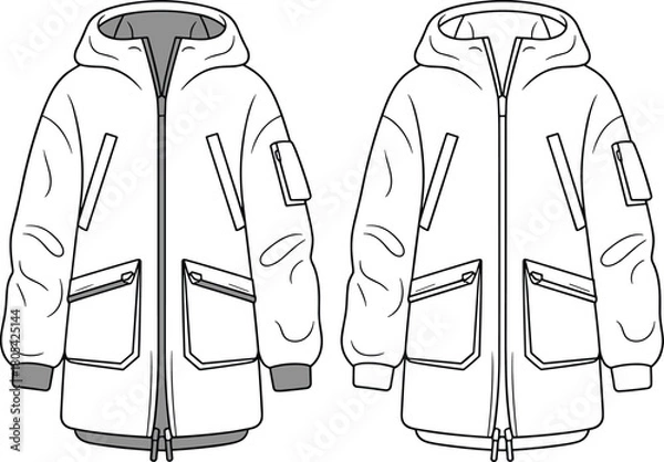 Fototapeta Technical drawing vector jacket, fashion hoodie coat sketch, trendy outerwear front view, zipped pockets, garment template, CAD illustration, designer apparel