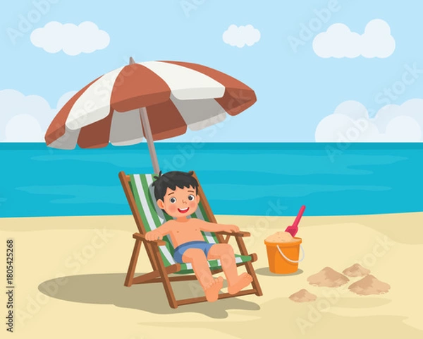 Obraz Little boy sitting on beach chair relaxing under umbrella on the beach at summer vacation