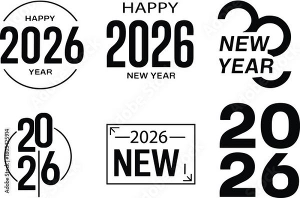 Fototapeta Modern Minimalist 2026 New Year Logo Label Vector Set, Clean Typography Emblem Collection, Trendy Black White Greeting Template Pack