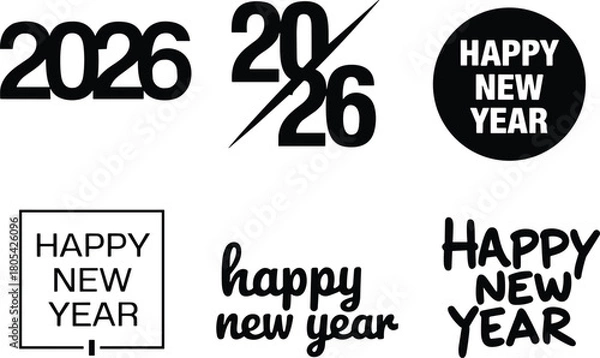 Fototapeta Minimalist Happy New Year 2026 Label Vector Set, Modern Typography Logo Collection, Black White Greeting Templates, Editable Sticker Pack