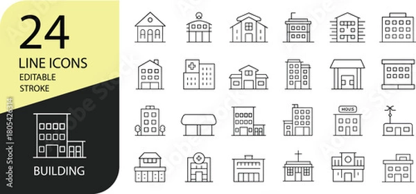 Fototapeta 24 Building Line Icons Set, Editable Stroke Vector, Architecture Thin Outline Symbols, Minimal City Landmark Illustration, UI Design Pack