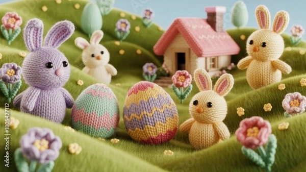 Fototapeta Knitted Easter garden landscape. Rabbits and chickens with eggs. In the background is a hilly area with flowers and a small house. Easter celebrations.