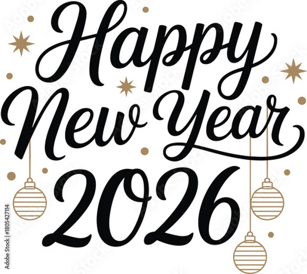 Fototapeta Happy New Year 2026 Calligraphy Vector, Elegant Gold Ornament Card Design, Festive Script Holiday Banner, Printable Editable Template