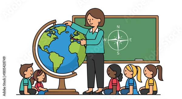 Fototapeta Female Geography Teacher Pointing to a World Globe While Instructing a Group of Diverse Elementary School Students.