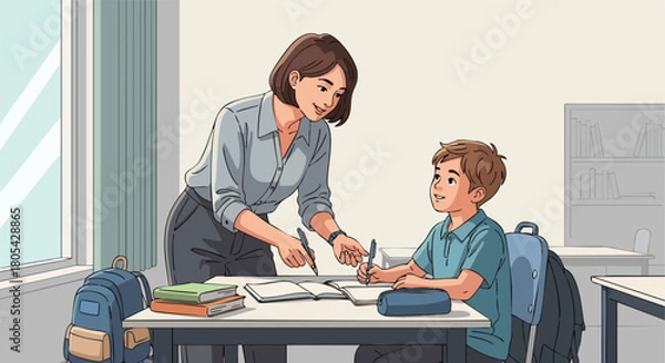 Fototapeta Female Teacher Providing Individual Assistance and Guidance to a Male Student Working on a Task at His Desk in the Classroom.