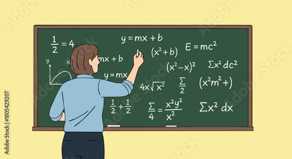 Fototapeta athematics Teacher or Professor Writing Complex Algebra and Calculus Equations on a Chalkboard During a Lesson
