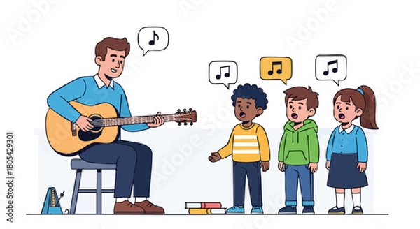 Fototapeta Music Teacher Playing an Acoustic Guitar and Leading a Diverse Group of Elementary Students in a Singing Lesson or Choir Practice