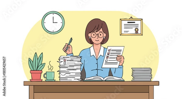 Fototapeta Happy Female Teacher or Professor Grading Papers and Managing Administrative Work at a Desk Piled High with Documents.