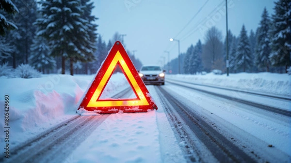 Fototapeta Bright emergency warning triangle on snowy road with car in winter forest, representing road safety and caution during hazardous weather conditions