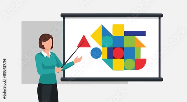 Fototapeta Female Instructor Pointing to a Large Screen Displaying a Colorful Geometric Shapes Composition during a Presentation or Educational Lecture.