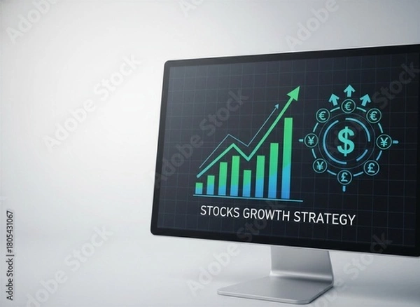 Obraz Close-up of modern monitor displaying 'STOCKS GROWTH STRATEGY' with green and blue rising bar and line charts, surrounded by dollar and international currency icons on a dark grid, ample white copy sp