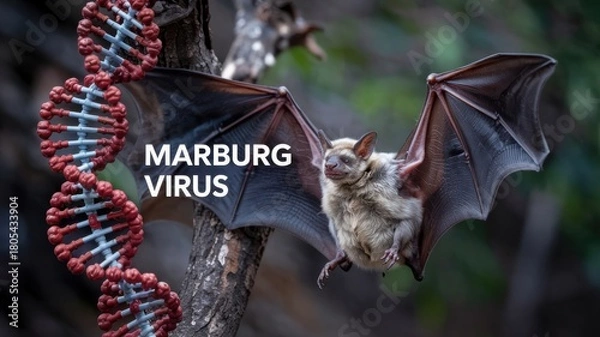 Fototapeta The Marburg virus. The virus causes a fatal disease. It is transmitted to humans from fruit bats. A bat, a fragment of a DNA spiral and next to it the inscription "Marburg virus".