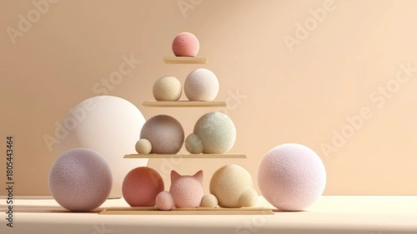 Obraz Pastel spheres and cat figurine pyramid on minimalist wooden shelves