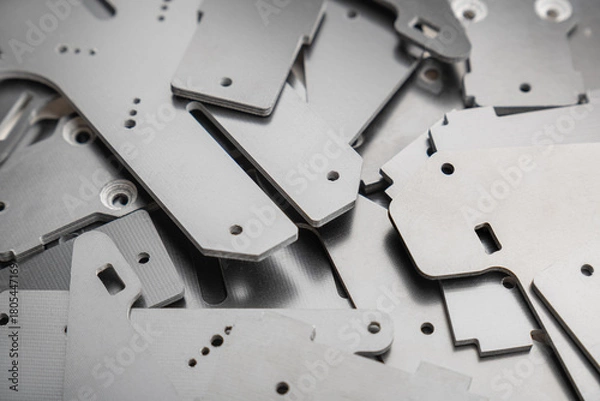 Fototapeta dense pile displays numerous thin, precision-cut carbon fiber composite parts scattered randomly, used as structural plates for high-performance FPV drone frame