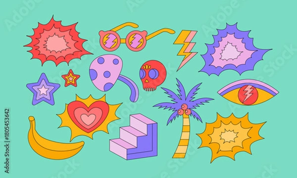 Obraz Psychedelic Pop Art Stickers: Groovy 70s Retro, Explosion, and Hippie Doodle Set