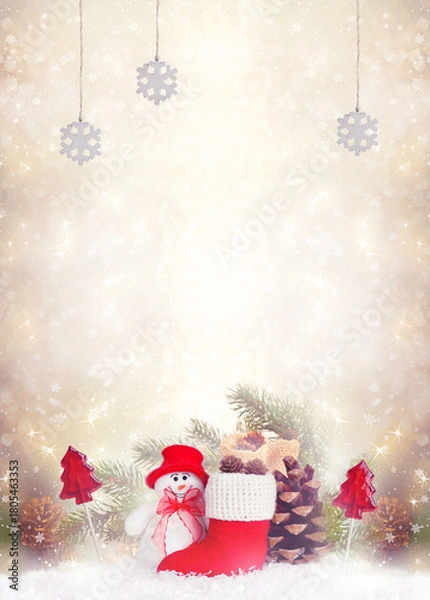 Fototapeta Christmas background with Snowman in hat, decorative Santa red boot, lollipop candy, fir tree branch and cedar cone. New Year winter holidays fantasy card with decor and copy space, festive postcard.