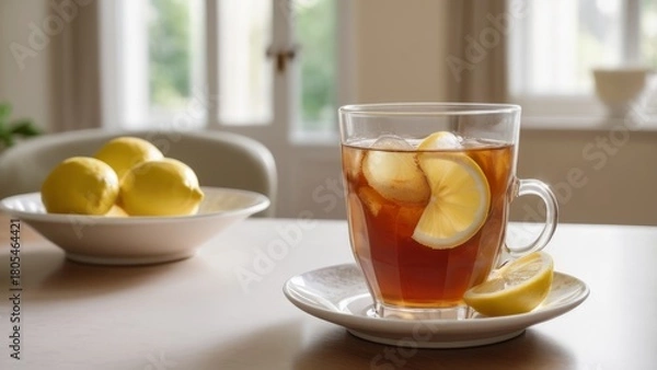 Obraz Cold citrus iced tea with lemons in bright home kitchen