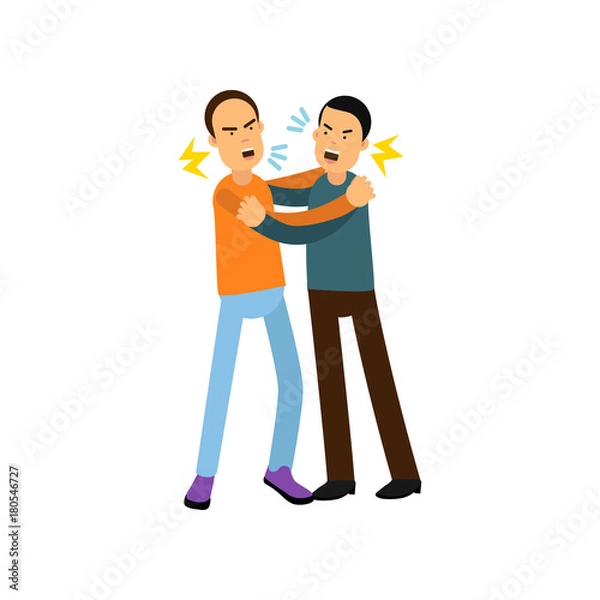 Fototapeta Cartoon characters of two angry men in fighting pose, pull at each other s for clothes