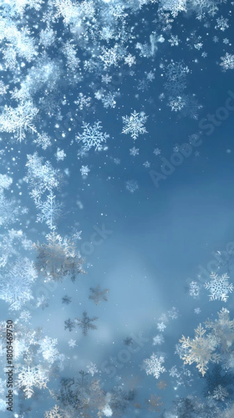 Obraz Snowflake pattern gently falling across a soft blue winter sky background