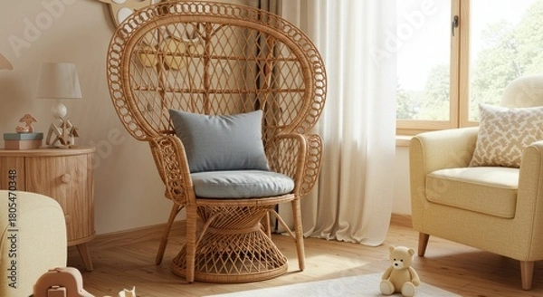 Fototapeta Interior shot of a nursery room with rattan peacock chair, soft armchair, wooden side table and a teddy bear