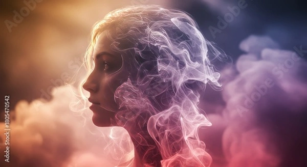 Obraz Profile of a woman's head dissolving into ethereal colored smoke and clouds
