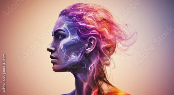 Fototapeta A side-profile of a woman morphs into colorful wisps of smoke-like energy. The background gradients from peach to purple