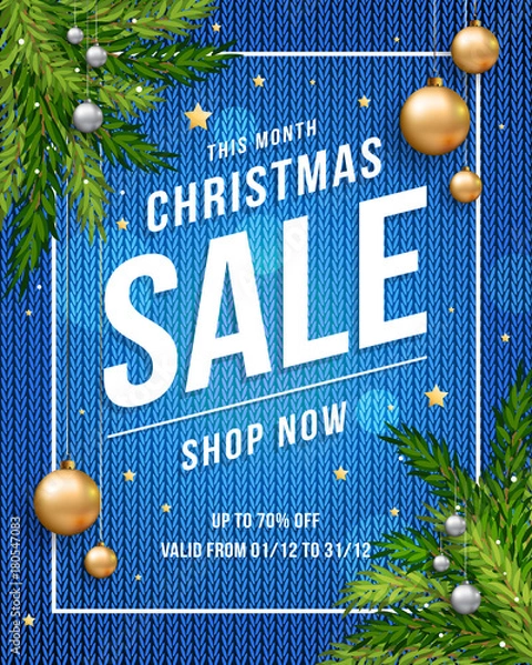 Fototapeta Christmas sale poster banner with knitted blue background, gold and silver Christmas balls and template text for your promotion. Eps 10 vector illustration