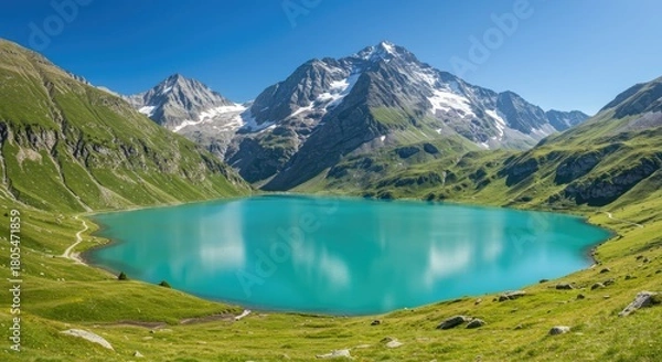 Obraz Turquoise alpine lake reflects snow-capped mountains and verdant slopes