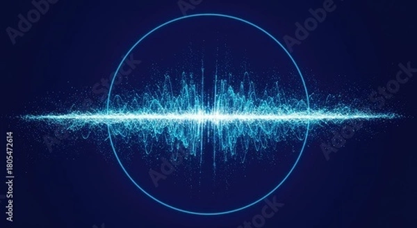 Fototapeta A glowing, ethereal waveform pulsing at the center of a circle against a dark, saturated blue backdrop