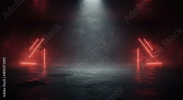 Obraz Dark, smoky room with red neon lights and a spotlight