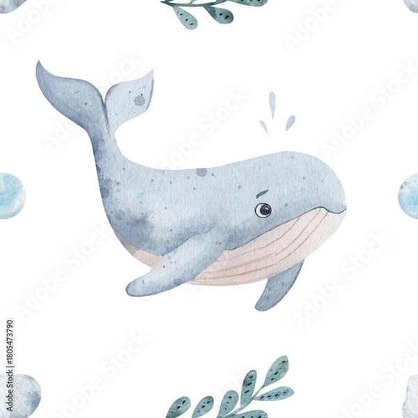 Obraz Whale with algae and bubbles. Seamless watercolor pattern, hand drawn on a white background. For packaging, design, wallpaper, wrapping paper. Marine children's theme