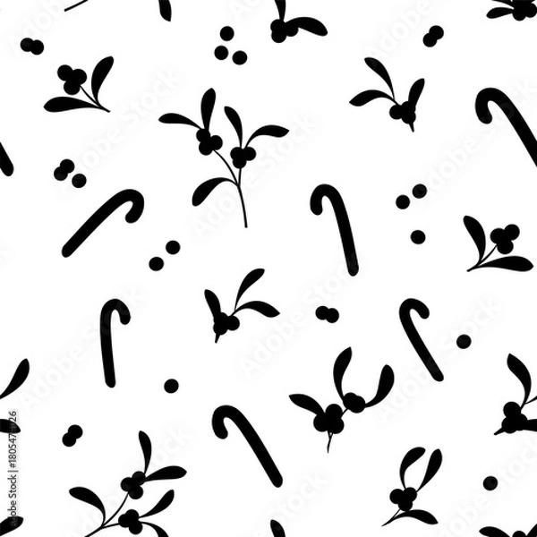 Obraz Black white Christmas Holly and Mistletoe pattern