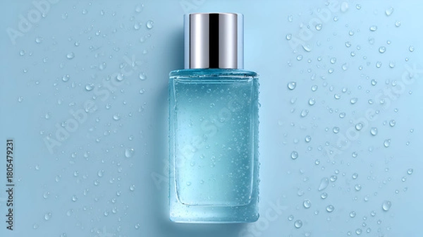 Obraz A sleek blue cosmetic bottle with a metallic cap is covered in fresh water droplets against a light blue background. The mood is pure, deeply hydrating, and cooling, ideal for aquatic skincare product