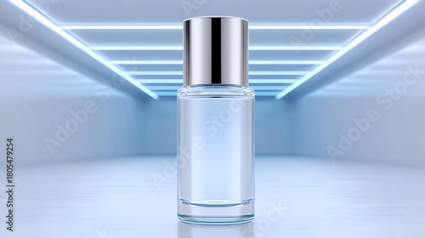 Fototapeta A flawless transparent rollerball bottle with a chrome cap stands in a pristine, futuristic tunnel with cool blue neon light strips. The mood is sterile, advanced, and pure.