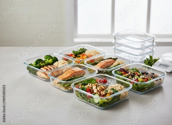 Obraz Seven varied healthy meal prep containers featuring grilled chicken, salmon, quinoa, rice, and fresh vegetables on a clean grey countertop with bright natural light.