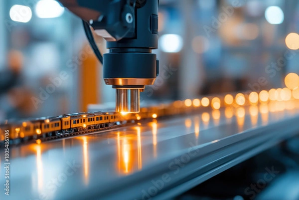 Fototapeta A macro view of a model train production line, showcasing the intricate details and craftsmanship involved in assembling these beloved miniature trains in a vibrant space.