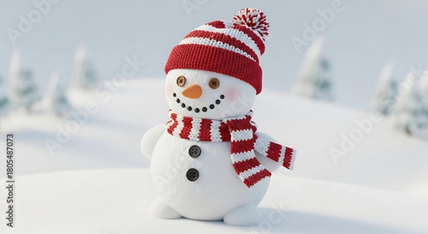 Obraz A charming snowman with a red and white striped hat and scarf, standing in a snowy landscape.