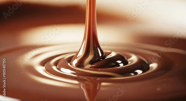 Obraz A close-up shot of rich, dark chocolate syrup being poured into a pool of melted chocolate, creating mesmerizing ripples.