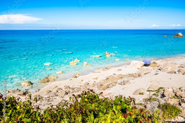 Fototapeta Amazing Gaidaros beach with rocks in turquoise blue sea, Lefkada island, Greece