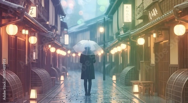Fototapeta aesthetic japanese rainy scene, a person holding a transparent umbrella 