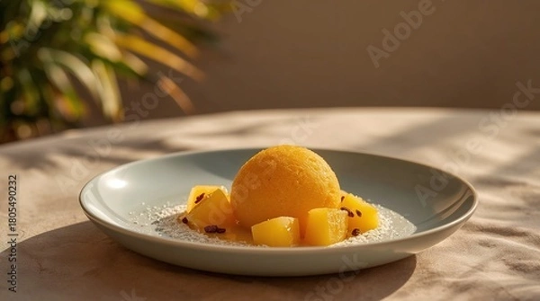 Obraz Mango sorbet with pineapple cubes and powdered sugar in sunlight