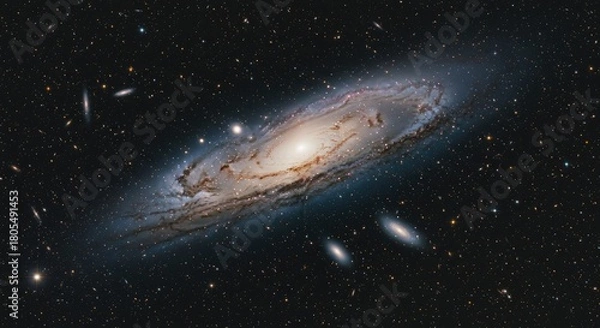 Fototapeta Swirling galaxy with dust lanes and bright core, surrounded by stars and dwarf galaxies