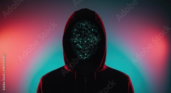 Fototapeta Figure in hooded sweatshirt, face obscured by glowing digital code pattern
