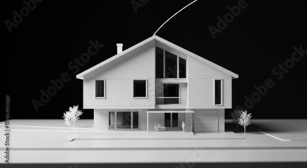 Fototapeta Minimalist white architectural model of a modern house against black