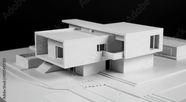 Fototapeta A modern white architectural model of a house with clean lines and varied levels